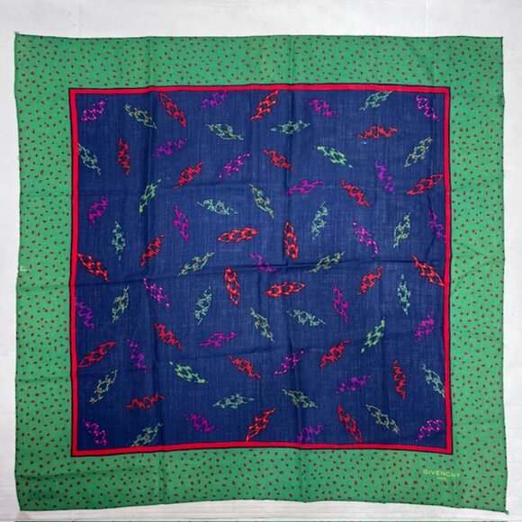 VGT GIVENCHY Paris scarf cotton/silk 34" Satin blue green red dot , (44) - Picture 9 of 10